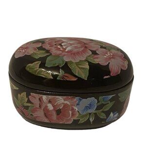 VTG Otagiri Tavistock Floral Garden Small Black  Ceramic Trinket box